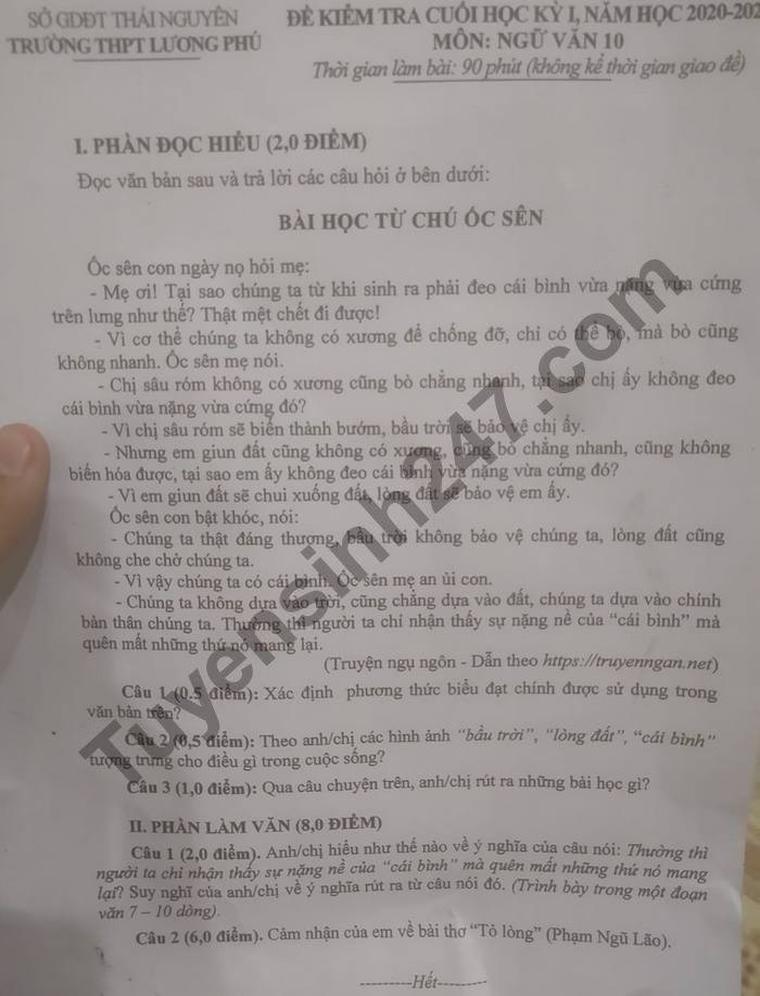 De thi hoc ki 1 nam 2020 mon Van lop 10 THPT Luong Phu