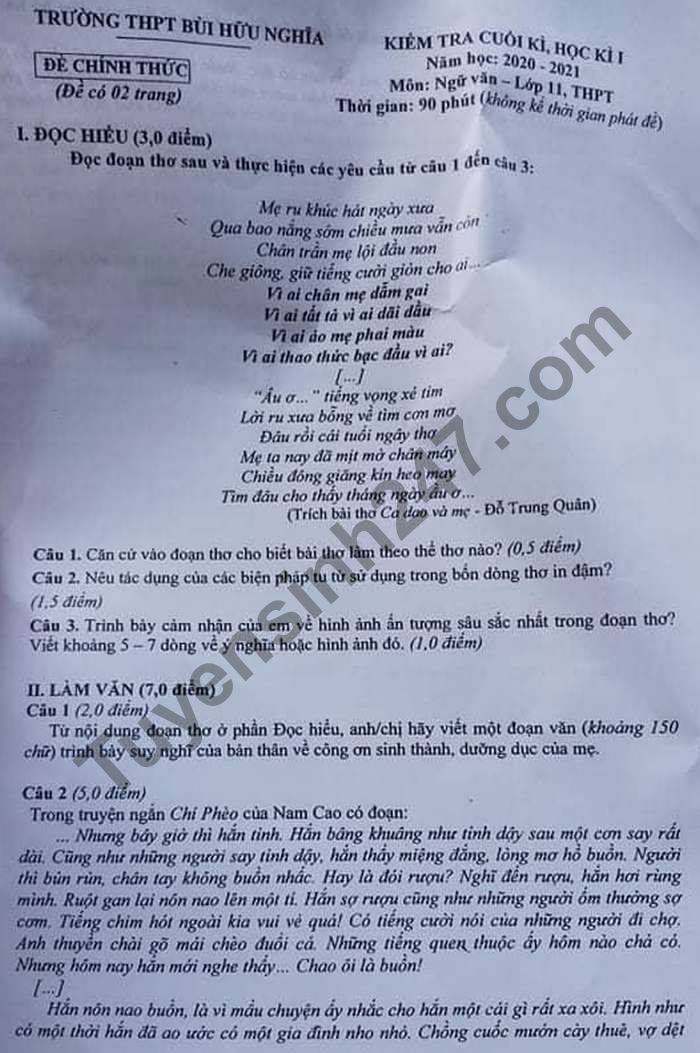 De thi hoc ki 1 nam 2020 THPT Bui Huu Nghia mon Van lop 11