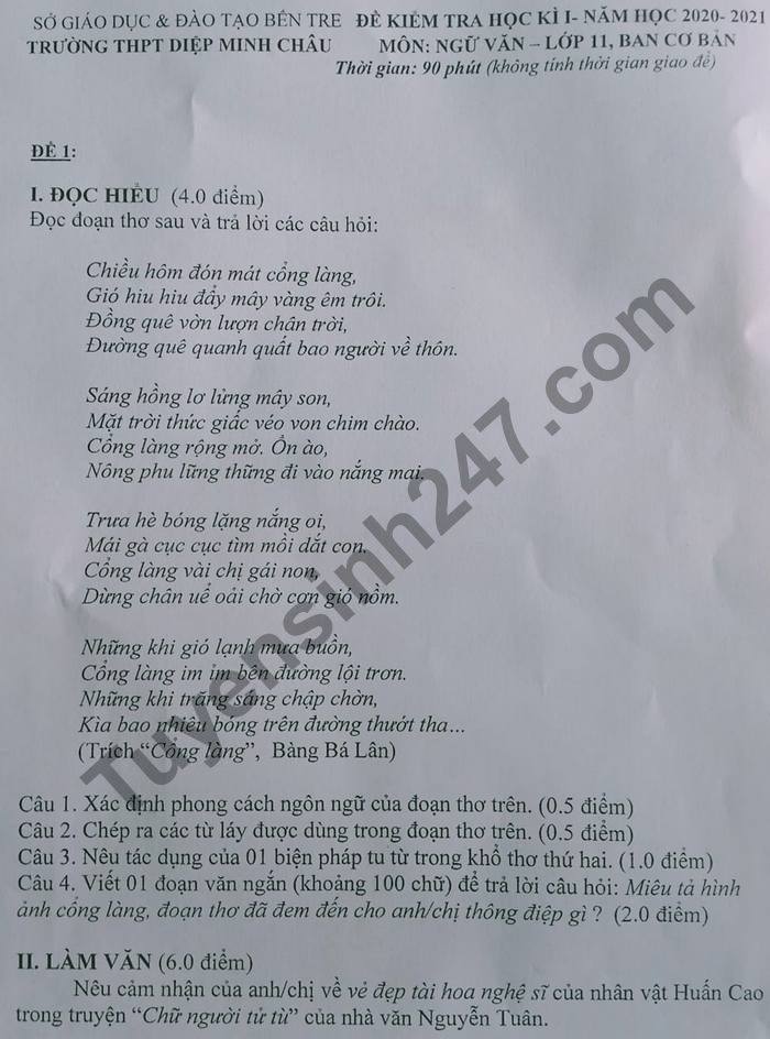 De thi hoc ki 1 mon Van lop 11 THPT Diep Minh Chau nam 2020