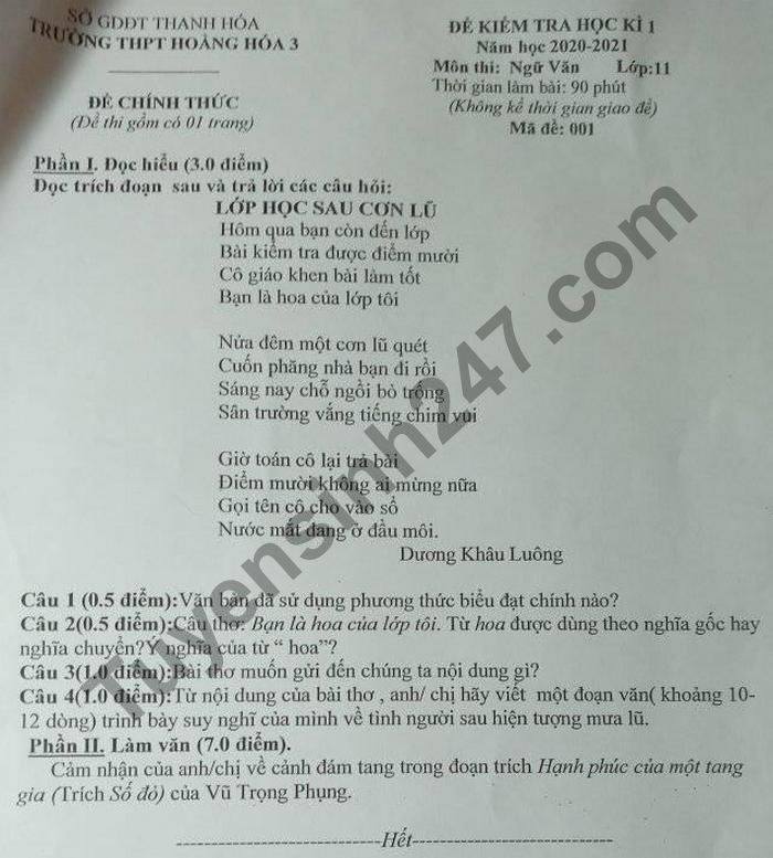 De thi hoc ki 1 mon Van lop 11 THPT Hoang Hoa 3 nam 2020