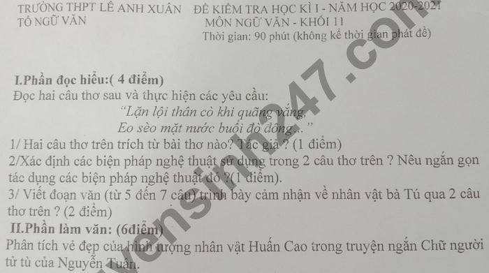 De thi hoc ki 1 mon Van lop 11 nam 2020 THPT Le Anh Xuan