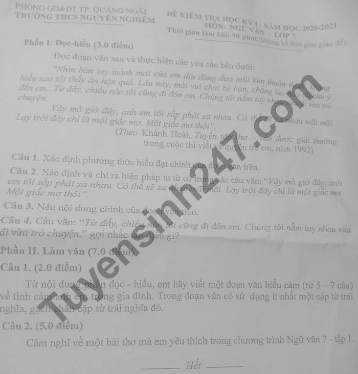 De thi hoc ki 1 THCS Nguyen Nghiem mon Van lop 7 nam 2020