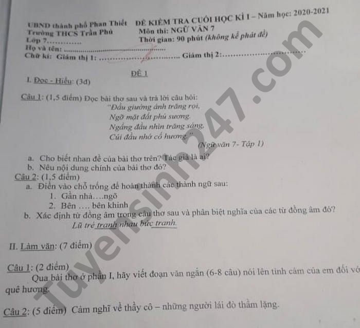 De thi hoc ki 1 THCS Tran Phu nam 2020 mon Van lop 7