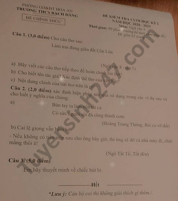 De thi hoc ki 1 mon Van lop 8 THCS Bach Dang nam 2020
