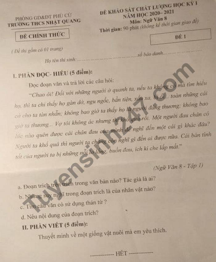 De thi hoc ki 1 mon Van lop 8 THCS Nhat Quang nam 2020