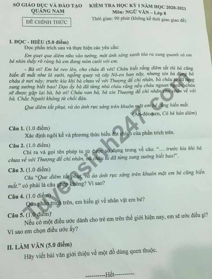 De thi hoc ki 1 mon Van lop 8 So GD Quang Nam nam 2020