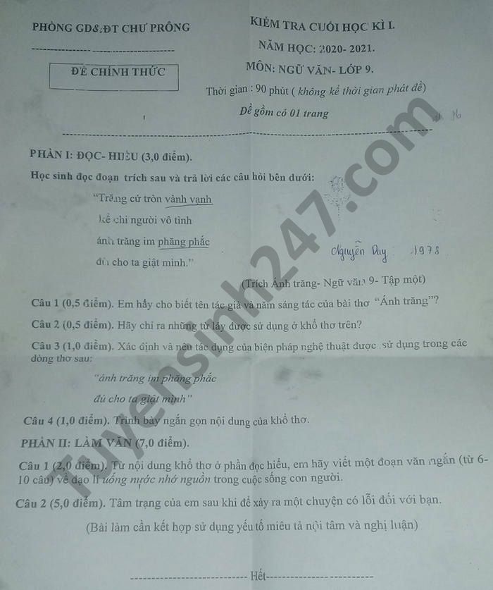 De thi hoc ki 1 Phong GD Chu Prong nam 2020 mon Van lop 9