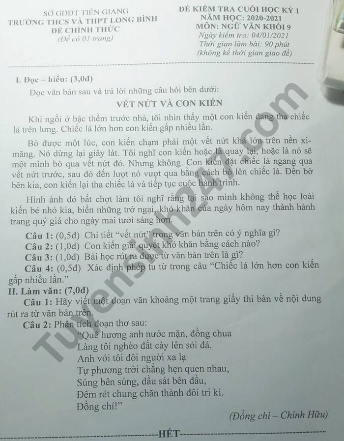 De thi hoc ki 1 nam 2020 THCS-THPT Long Binh mon Van lop 9