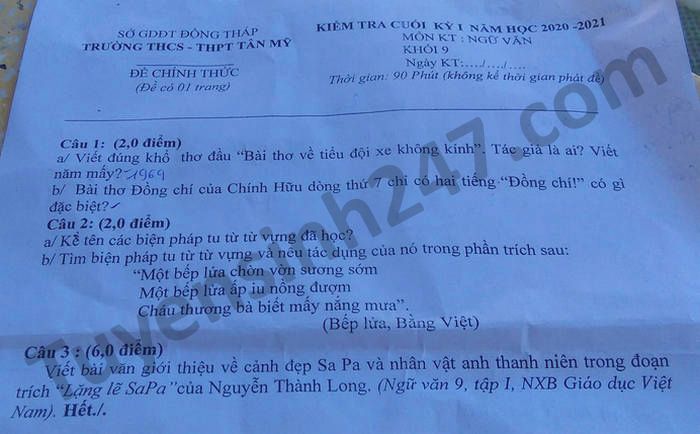 De thi hoc ki 1 nam 2020 THCS-THPT Tan My mon Van lop 9