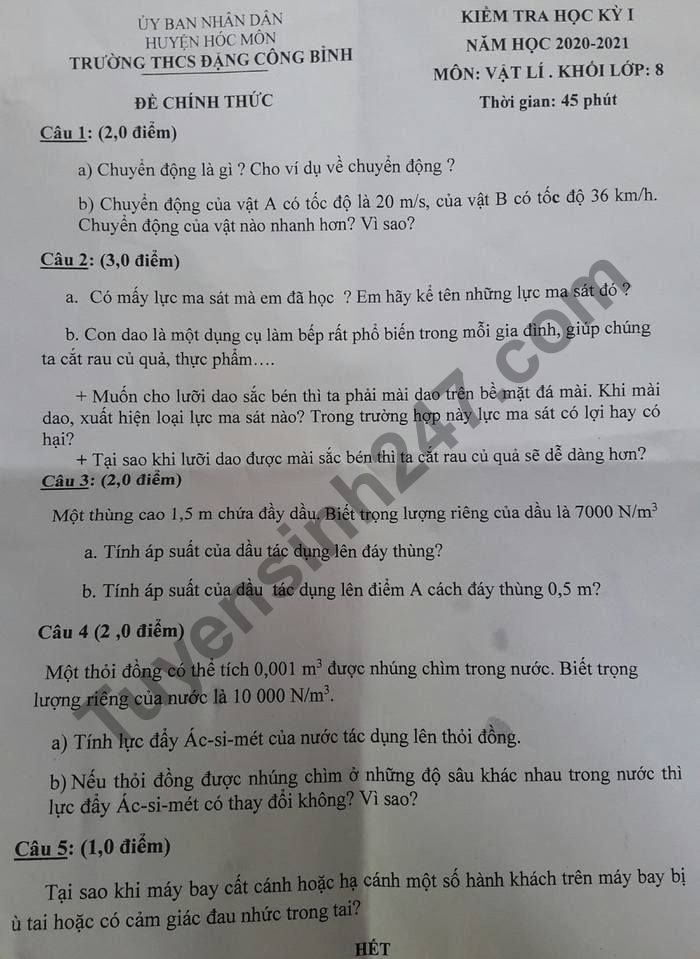 De thi hoc ki 1 nam 2020 THCS Dang Cong Binh mon Vat Li lop 8
