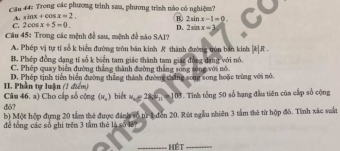 De thi hoc ki 1 nam 2020 mon Toan lop 11 THPT Thanh Oai A