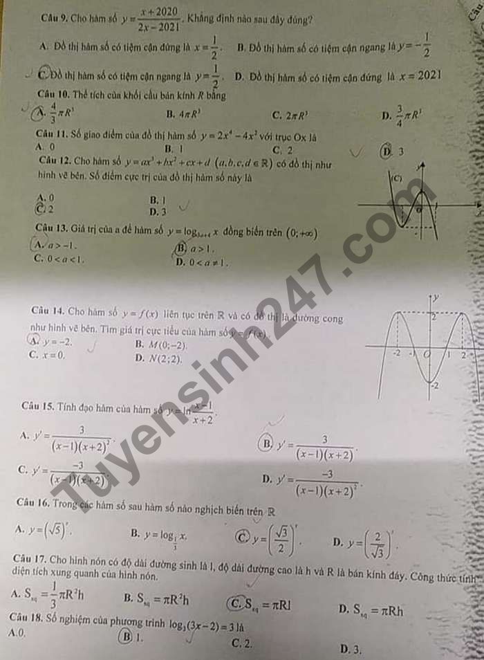 De thi hoc ki 1 mon Toan lop 12 THPT Le Thuy 2020 - 2021