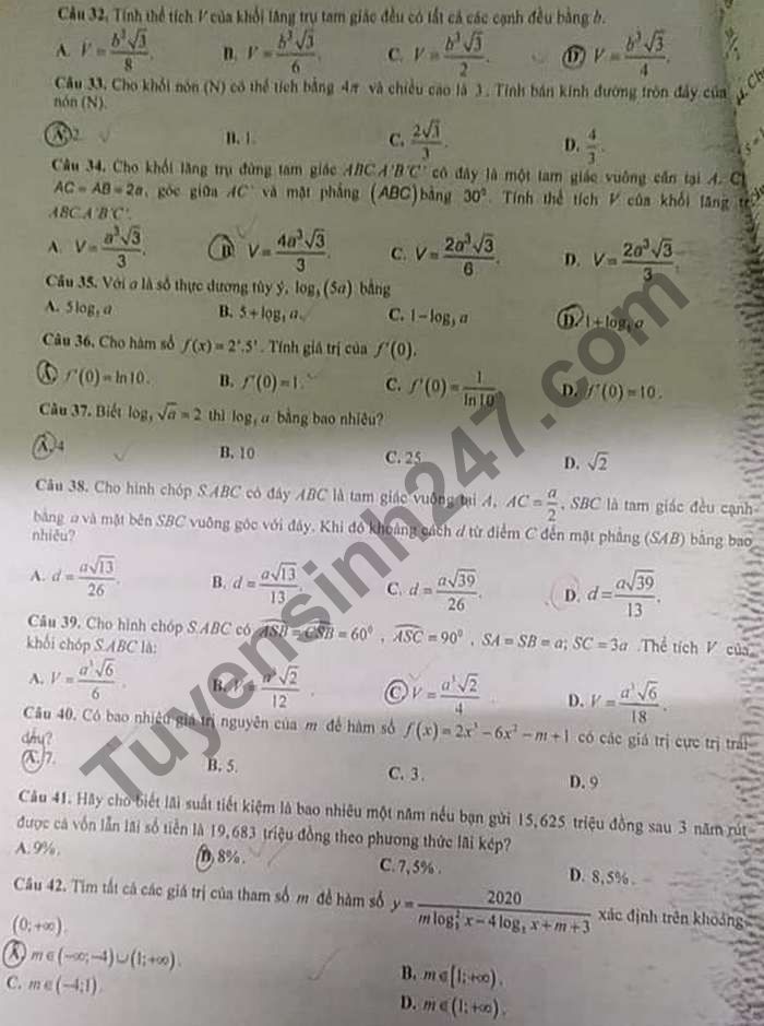 De thi hoc ki 1 mon Toan lop 12 THPT Le Thuy 2020 - 2021