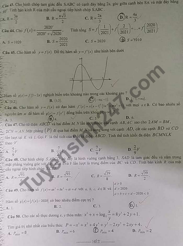 De thi hoc ki 1 mon Toan lop 12 THPT Le Thuy 2020 - 2021