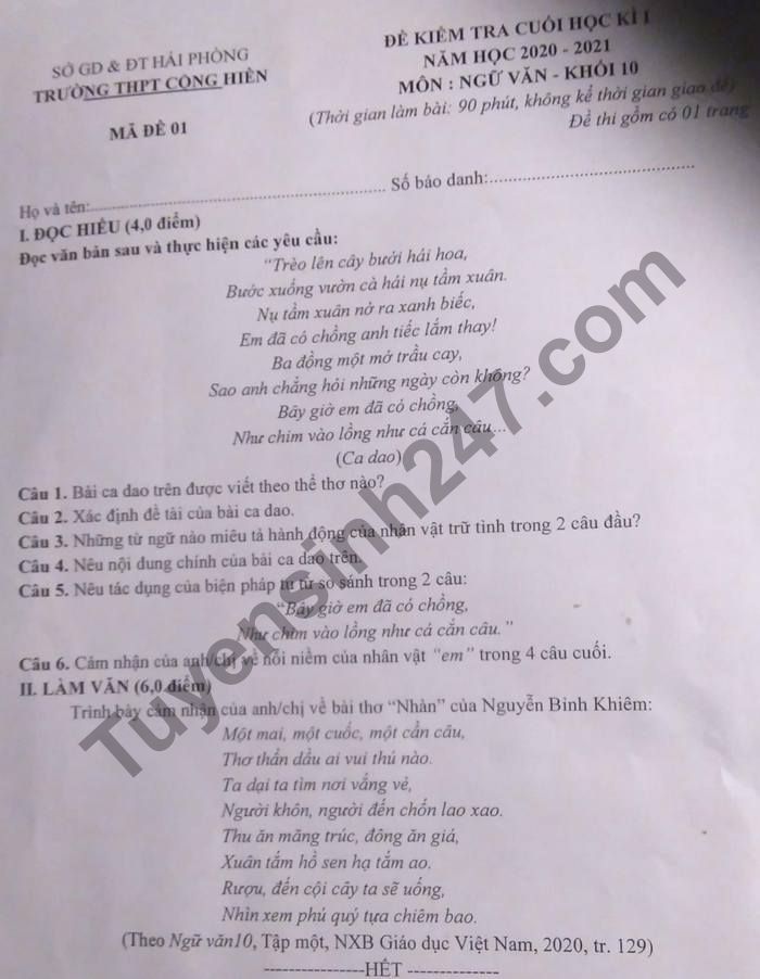 De thi hoc ki 1 mon Van lop 10 THPT Cong Hien nam 2020