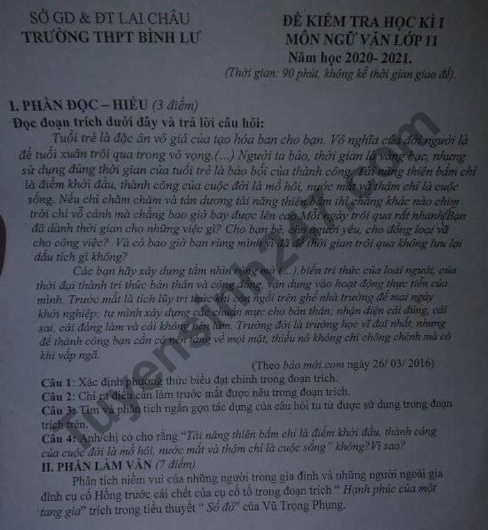 De thi hoc ki 1 nam 2020 Truong THPT Binh Lu mon Van lop 11
