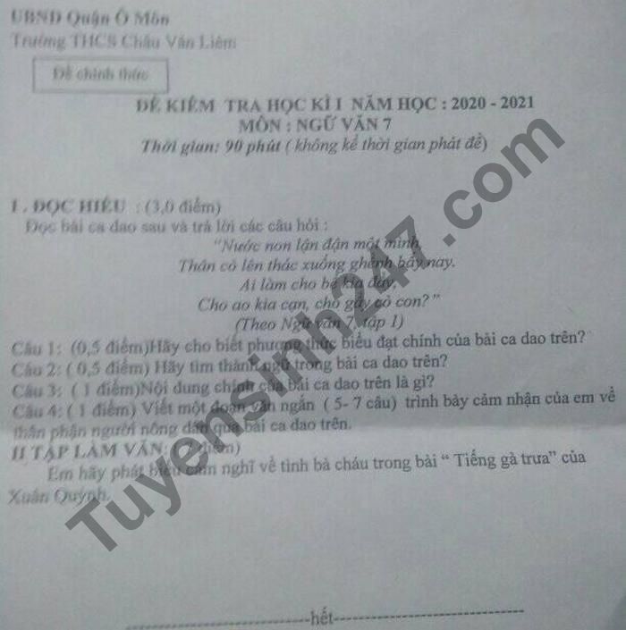 De thi hoc ki 1 lop 7 mon Van THCS Chau Van Liem nam 2020