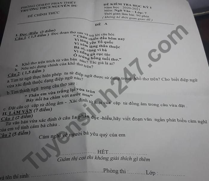De thi hoc ki 1 nam 2020 THCS Nguyen Du lop 7 mon Van