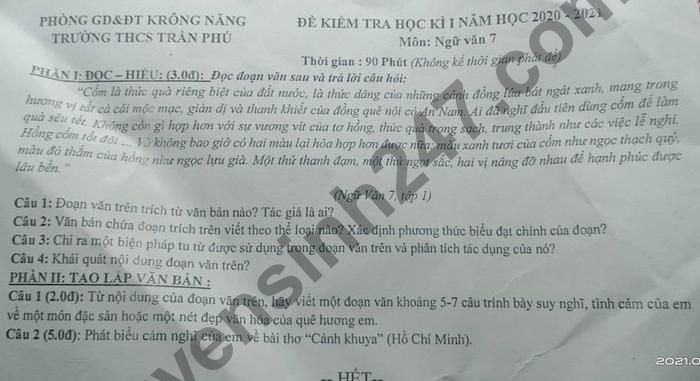De thi hoc ki 1 mon Van lop 7 THCS Tran Phu 2020 - 2021