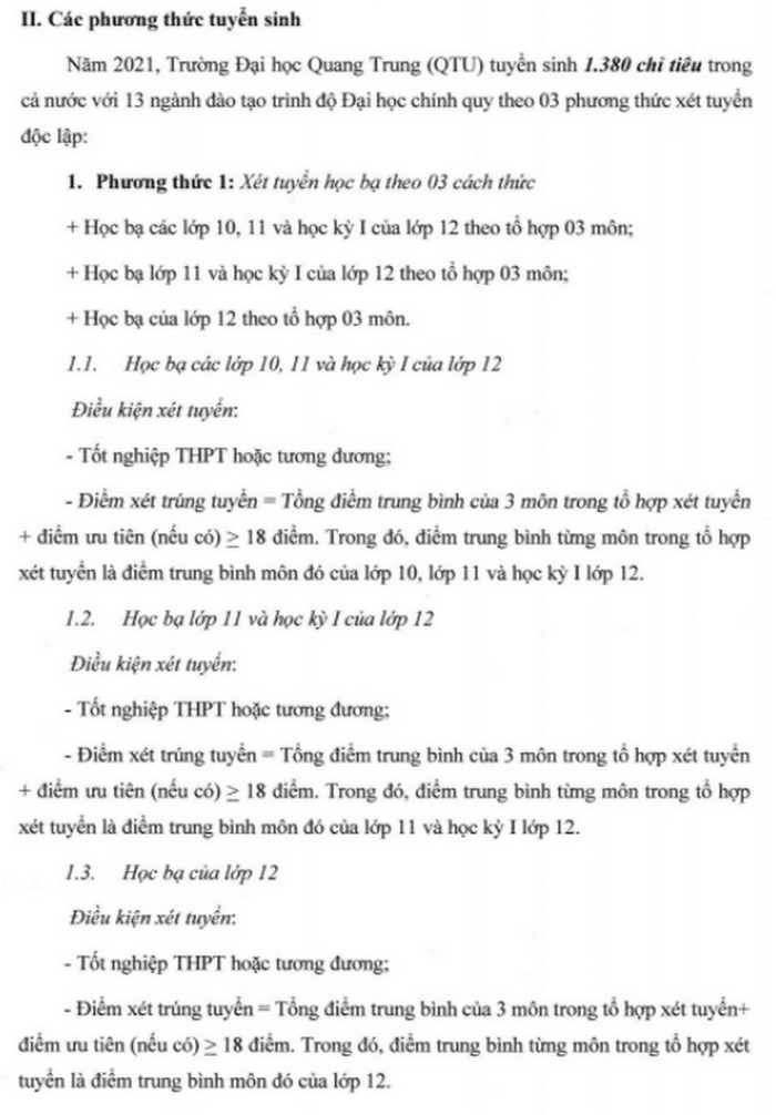 Dai hoc Quang Trung cong bo phuong an tuyen sinh nam 2021