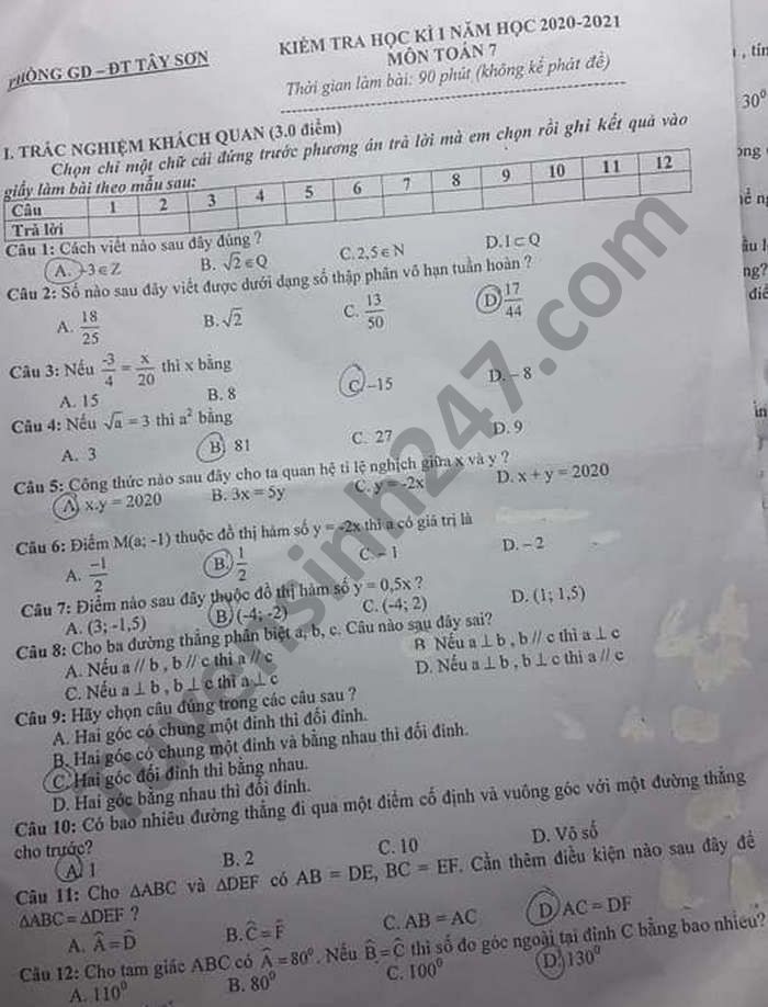 De thi hoc ki 1 nam 2020 mon Toan lop 7 Phong GD Tay Son