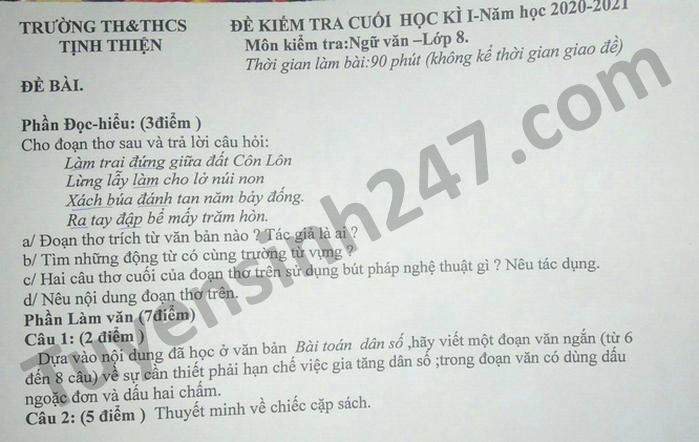 De thi hoc ki 1 Van lop 8 TH-THCS Tinh Thien nam 2020