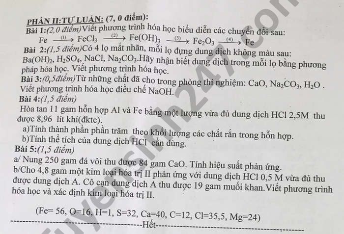De thi hoc ki 1 mon Hoa lop 9 nam 2020 THCS-THPT Phu Thanh