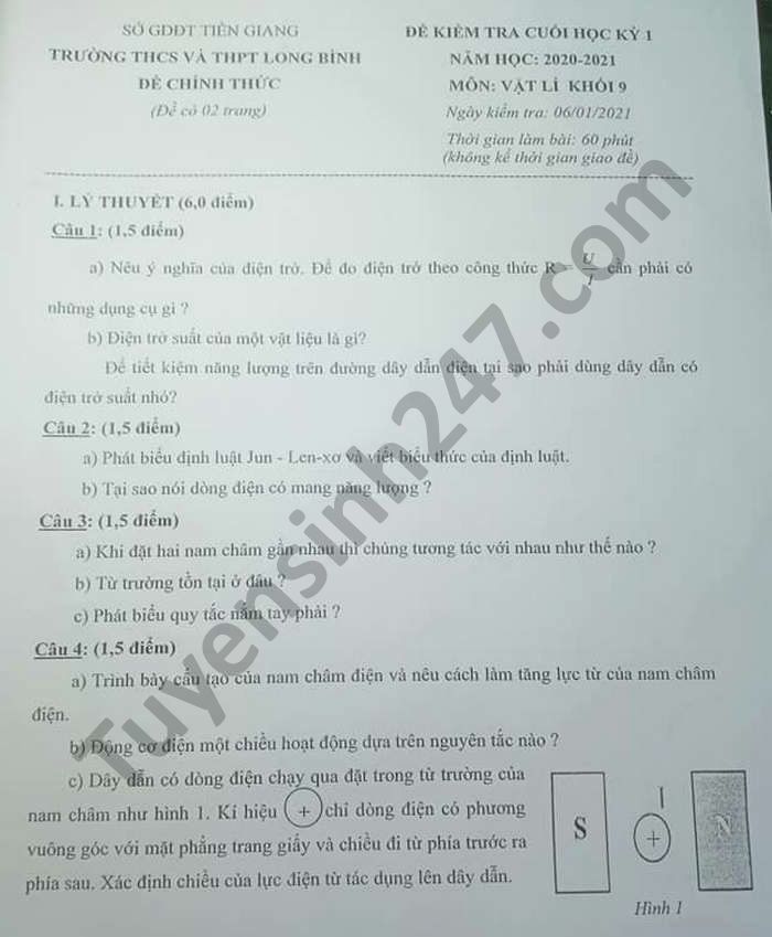 De thi hoc ki 1 nam 2020 mon Ly lop 9 THCS-THPT Long Binh