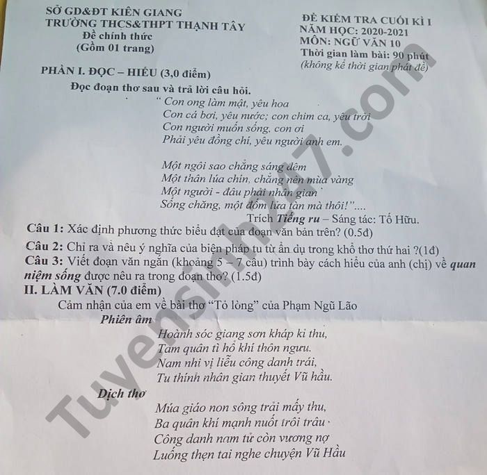 De thi hoc ki 1 nam 2020 mon Van lop 10 THCS-THPT Thanh Tay