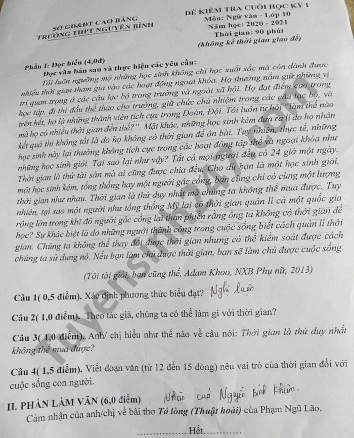 De thi hoc ki 1 THPT Nguyen Binh nam 2020 mon Van lop 10