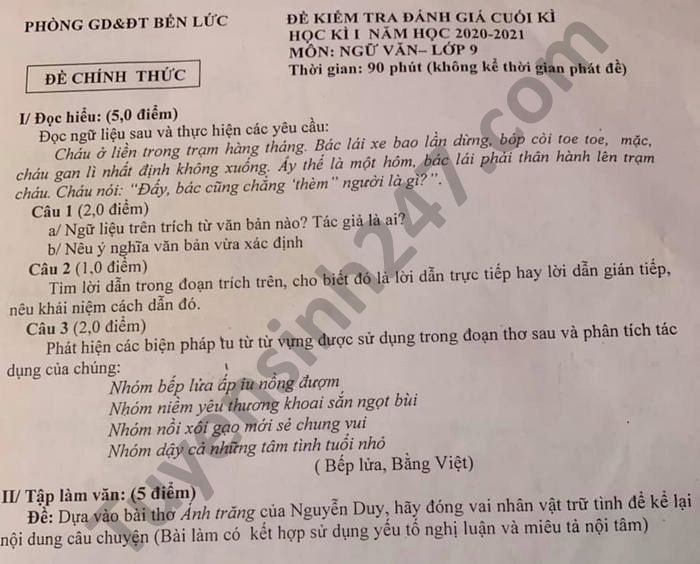 De thi hoc ki 1 mon Van lop 9 nam 2020 Phong GD Ben Luc