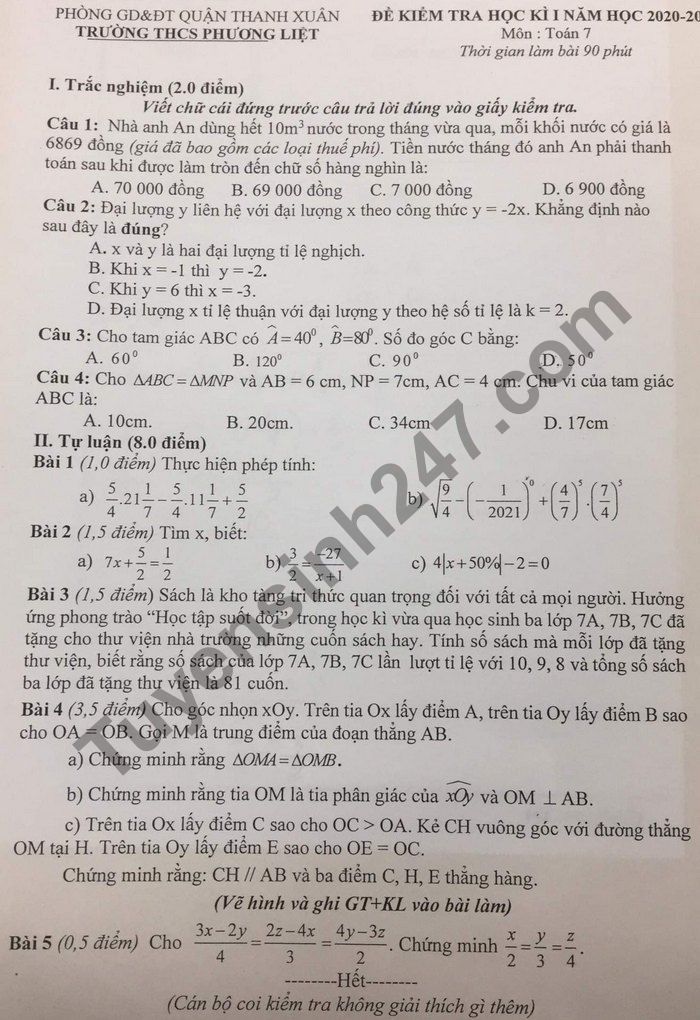 De thi hoc ki 1 mon Toan lop 7 THCS Phuong Liet 2020 - 2021