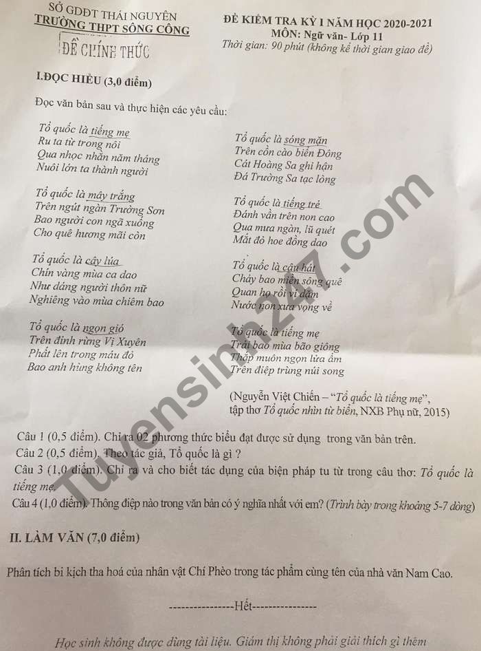 De thi hoc ki 1 mon Van lop 11 THPT Song Cong 2020 - 2021