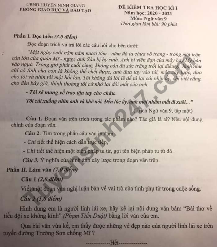 De thi hoc ki 1 nam 2020 huyen Ninh Giang mon Van lop 9