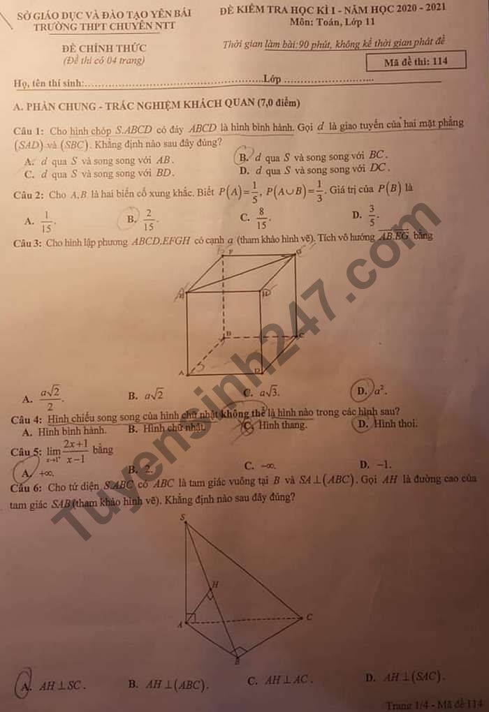 De thi hoc ki 1 lop 11 mon Toan THPT Chuyen Nguyen Tat Thanh 2020