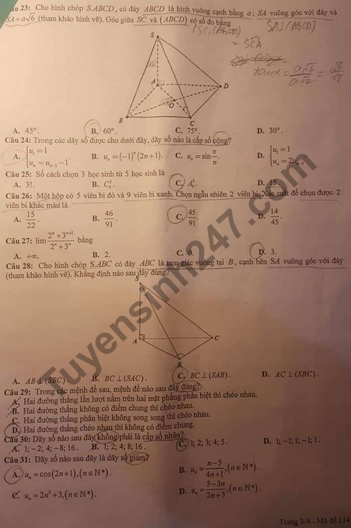 De thi hoc ki 1 lop 11 mon Toan THPT Chuyen Nguyen Tat Thanh 2020