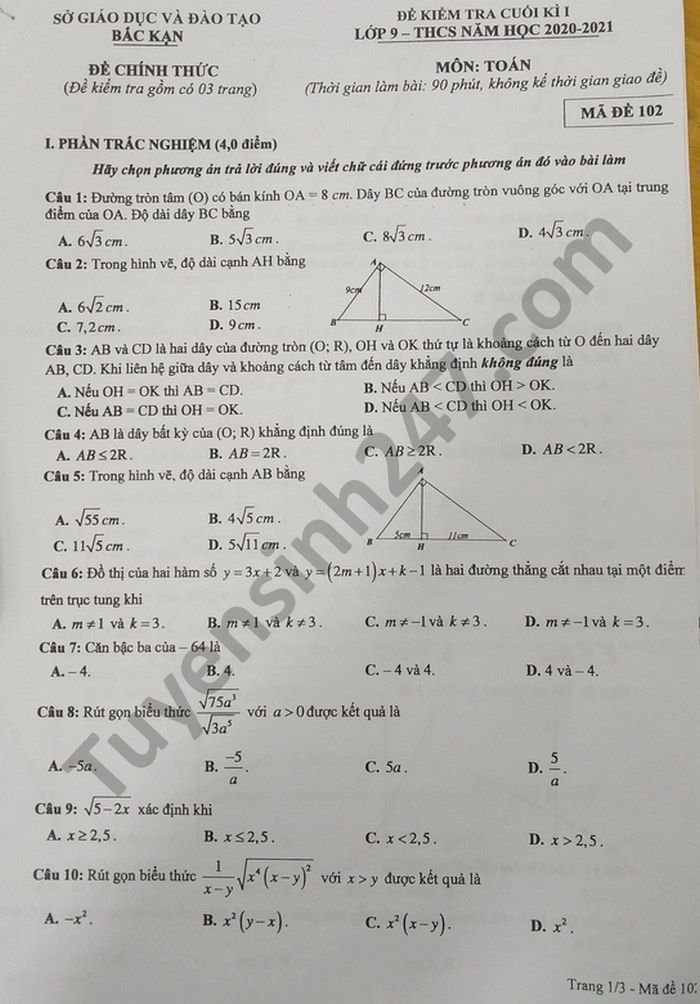 De thi hoc ki 1 mon Toan lop 9 nam 2020 tinh Bac Kan