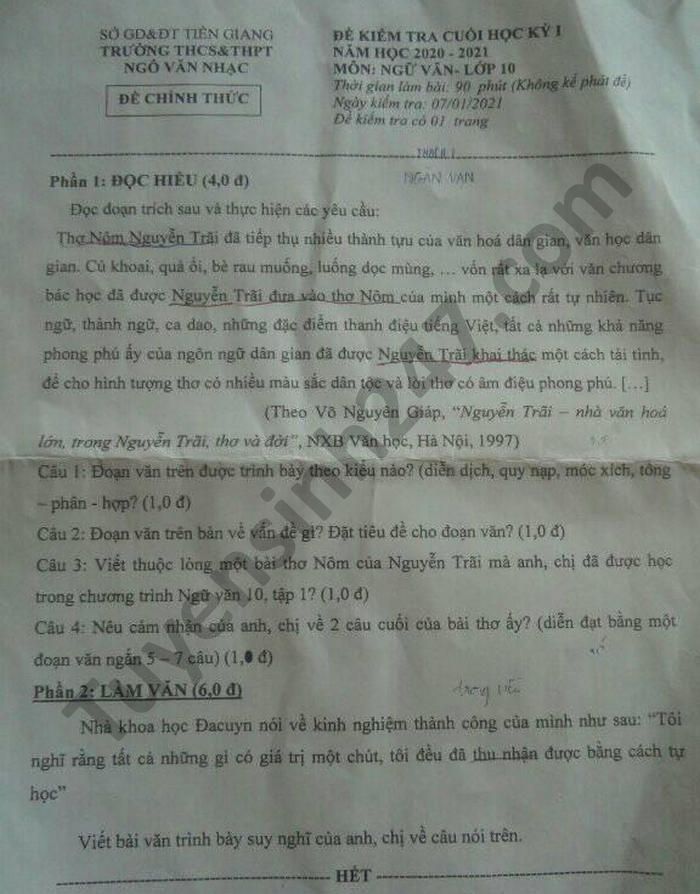 De thi hoc ki 1 Van lop 10 THCS-THPT Ngo Van Nhac nam 2020
