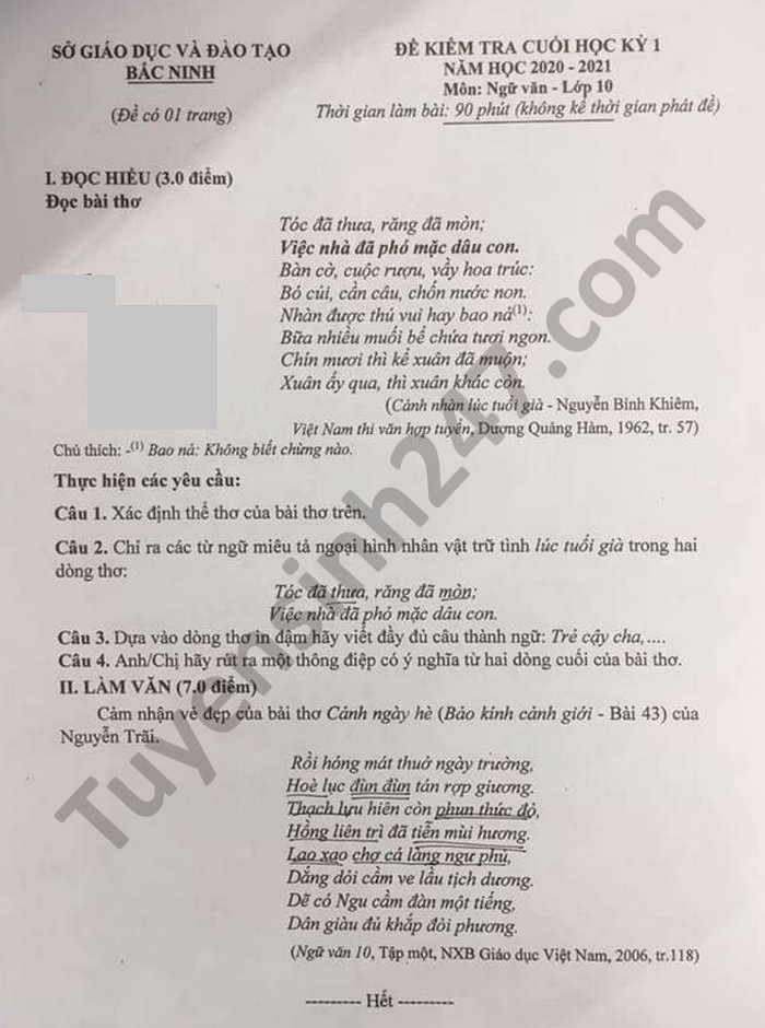 De thi hoc ki 1 mon Van lop 10 nam 2020 tinh Bac Ninh