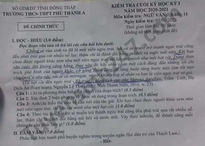 De thi hoc ki 1 Van lop 11 THCS-THPT Phu Thanh A nam 2020