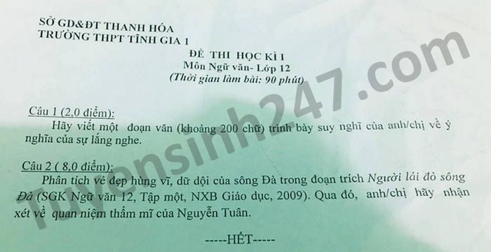 De thi hoc ki 1 nam 2020 Van lop 12 THPT Tinh Gia 1