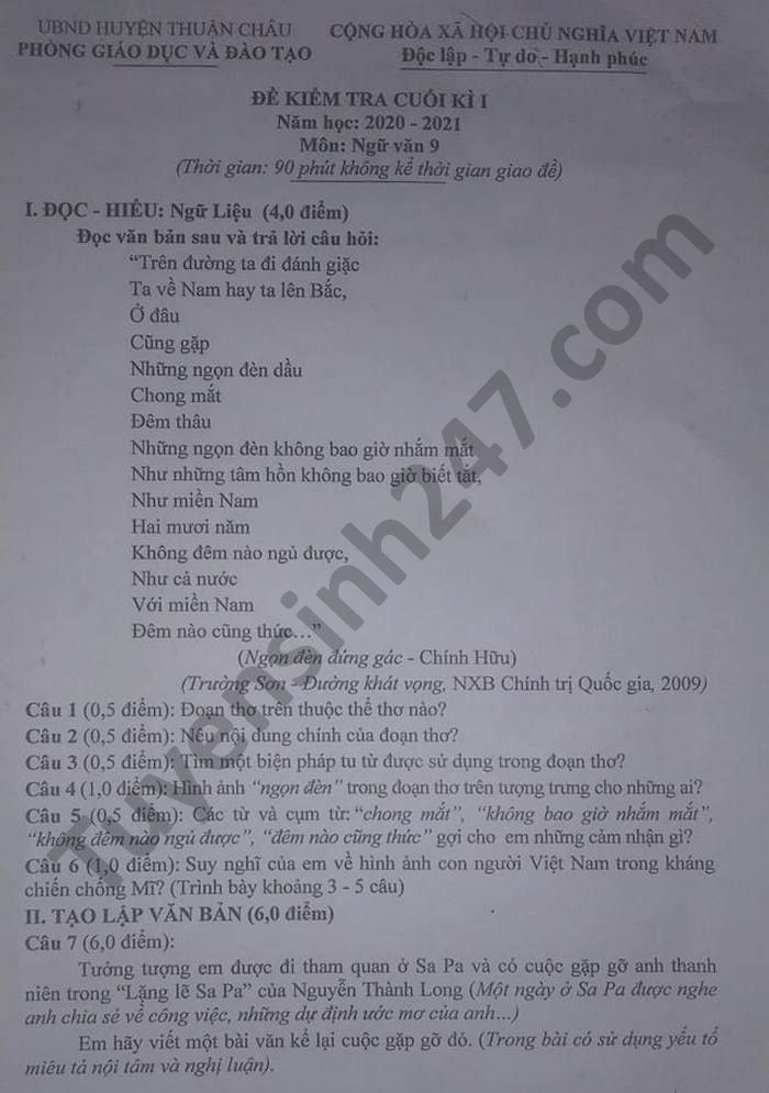 De thi hoc ki 1 Van lop 9 huyen Thuan Chau nam 2020