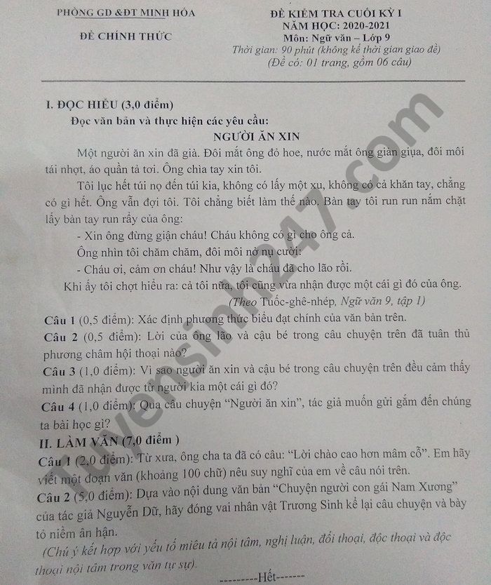 De thi hoc ki 1 THCS Minh Hoa nam 2020 mon Van lop 9