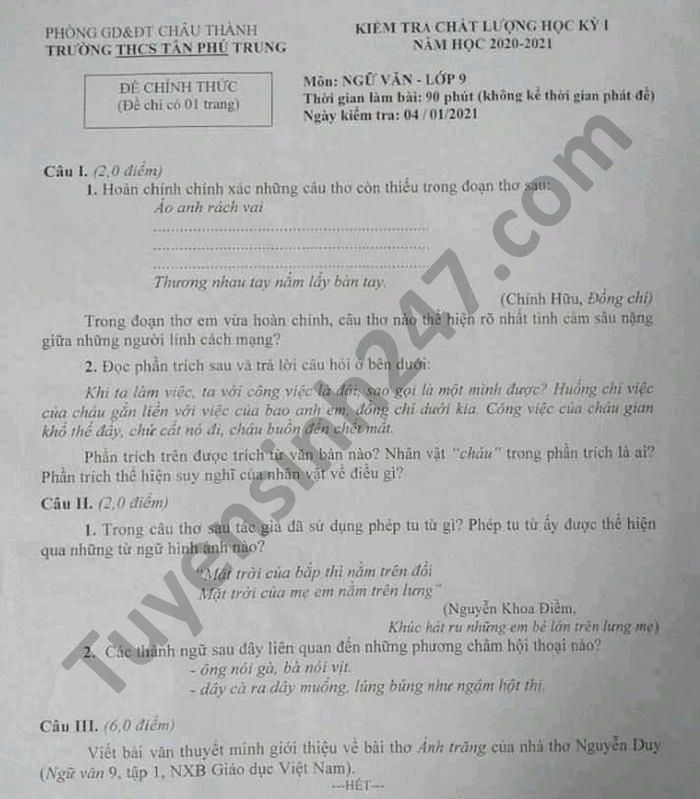 De thi hoc ki 1 nam 2020 mon Van lop 9 THCS Tan Phu Trung
