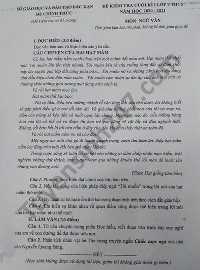 De thi hoc ki 1 mon Van lop 9 nam 2020 tinh Bac Kan