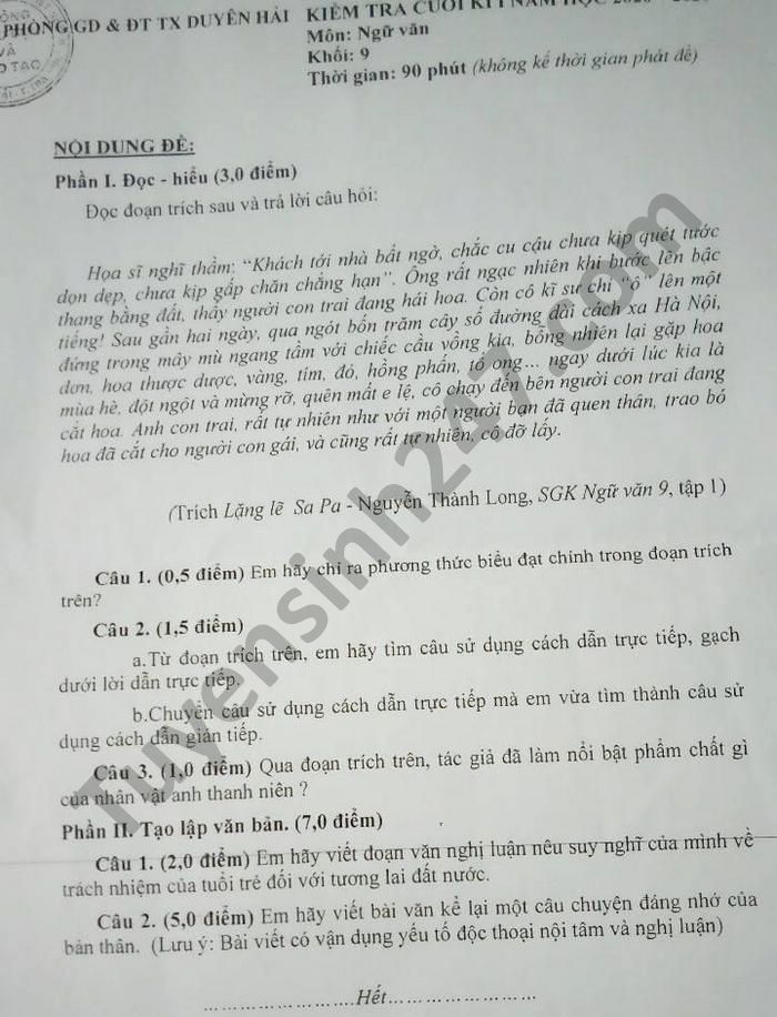 De thi hoc ki 1 nam 2020 mon Van lop 9 Phong GD TX Duyen Hai