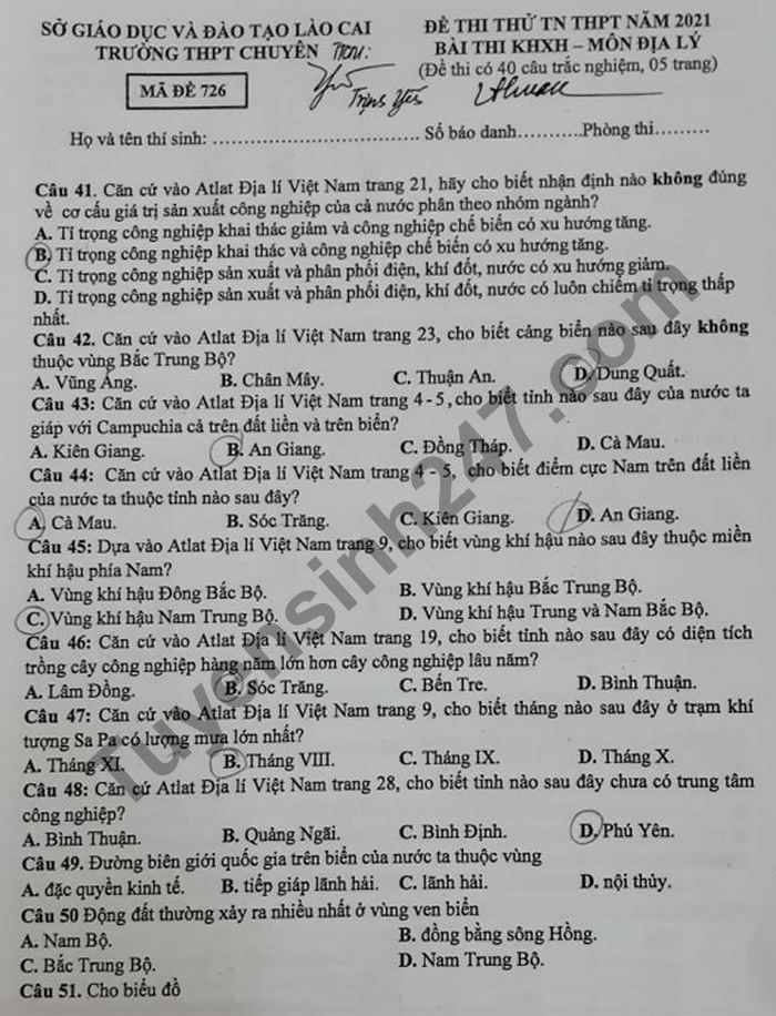 De thi thu Tot nghiep THPT 2021 mon Dia lan 1 THPT Chuyen Lao Cai