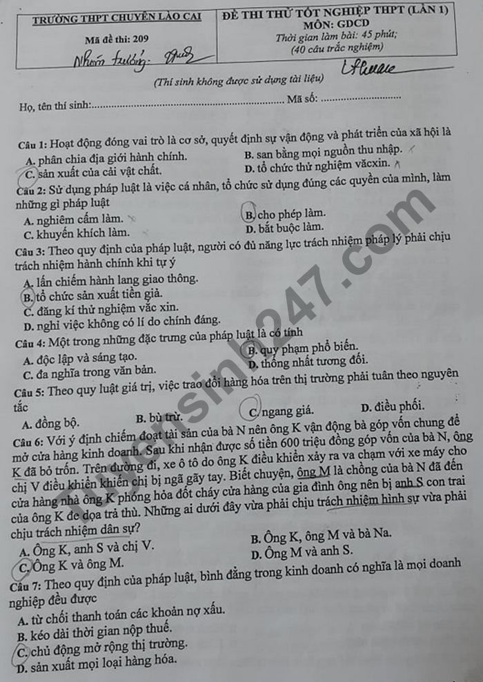 De thi thu Tot nghiep THPT 2021 lan 1 THPT Chuyen Lao Cai mon GDCD