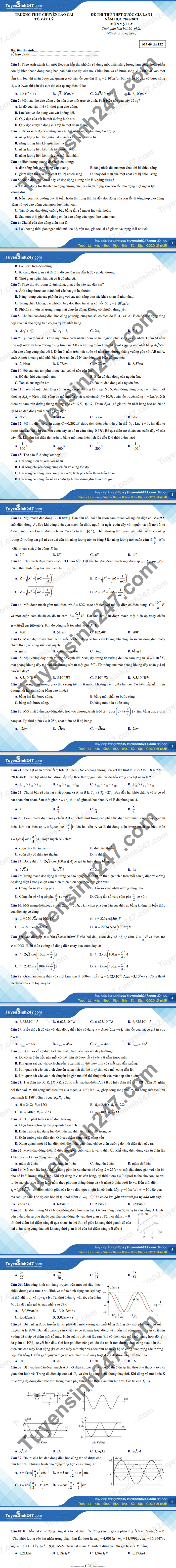 De thi thu Tot nghiep THPT 2021 mon Ly THPT Chuyen Lao Cai lan 1