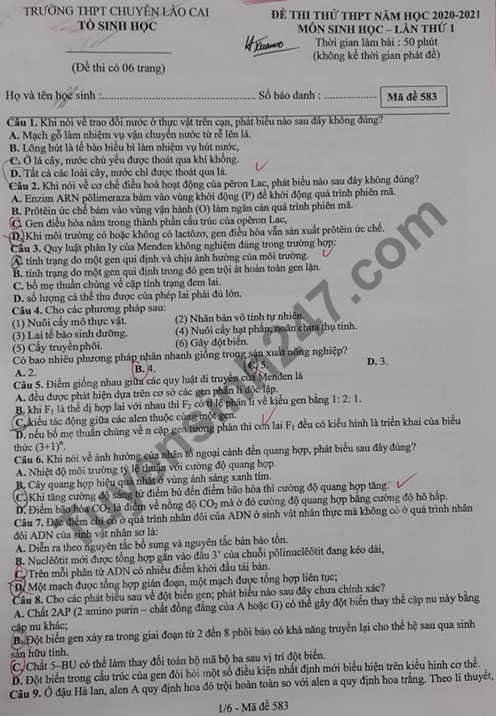 De thi thu Tot nghiep THPT 2021 lan 1 THPT Chuyen Lao Cai mon Sinh